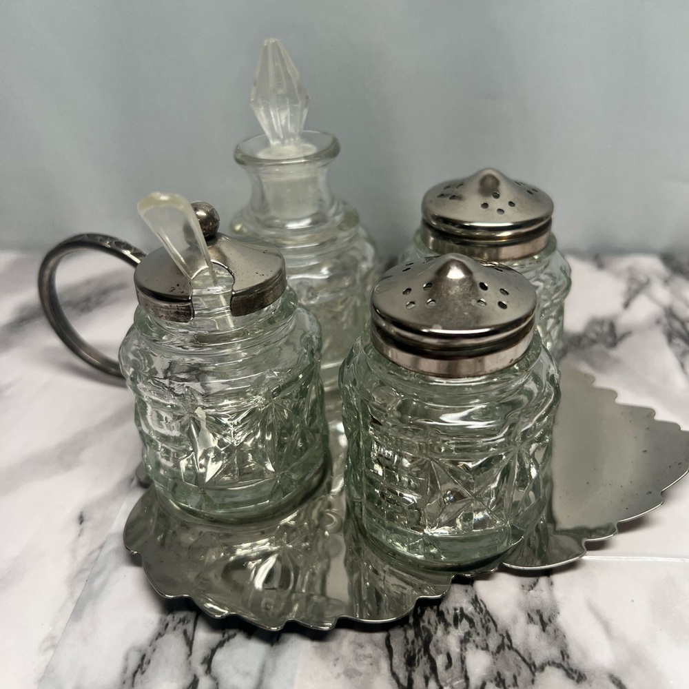 Sheffield Home Silver Plated Leaf Clear Glass Condiment Set MCM Antique 1950’s